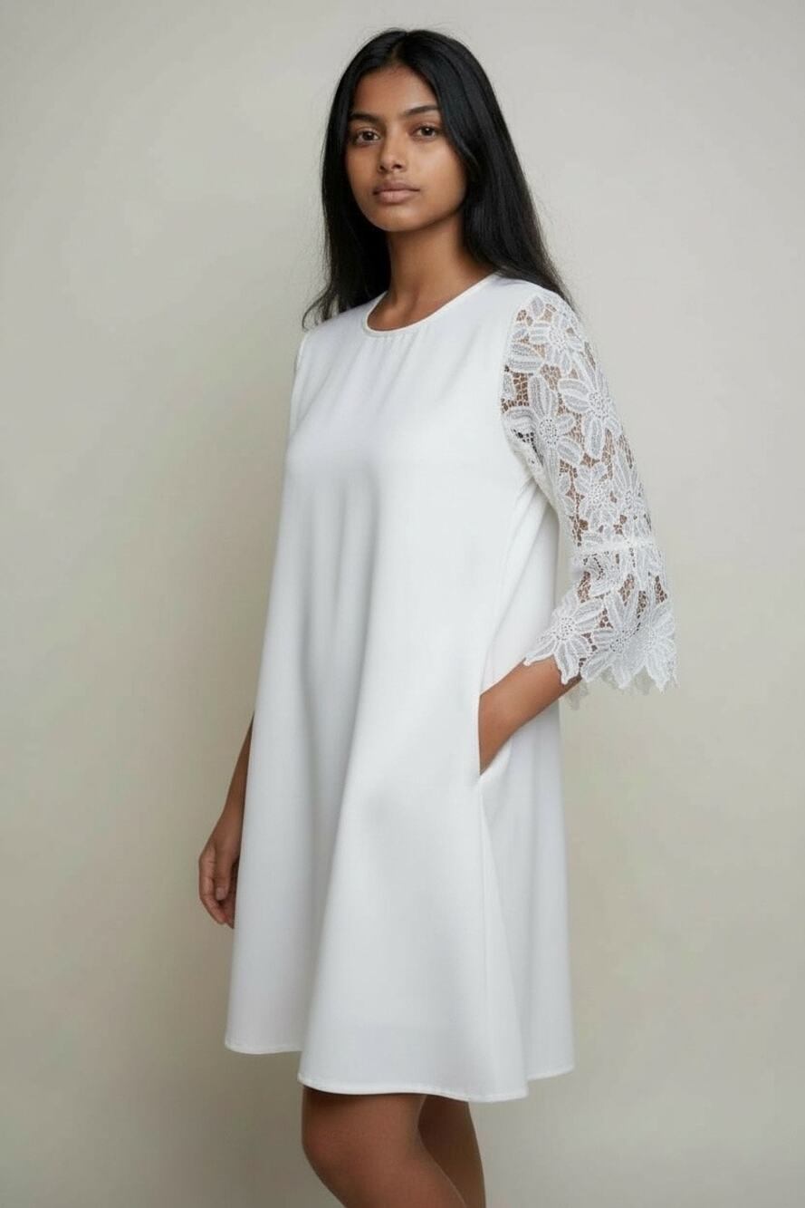 NWT Umgee Knee Length Swing Dress Women's Lg White Lace Bell Sleeves Boho Fairy